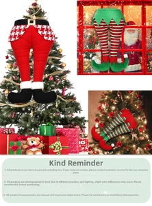 Close-up of plush Santa and striped elf leg ornaments hanging on a Christmas tree