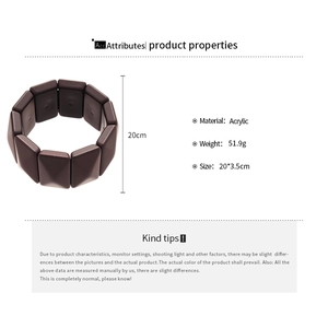 Detailed size specifications and weight for the brown acrylic stretch cuff bracelet