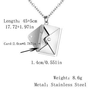 Macro view of stainless steel envelope pendant with 45 plus 5cm chain and 8.6g weight