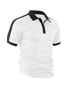Detailed close-up of breathable mesh fabric and black contrast collar on a men's polo shirt