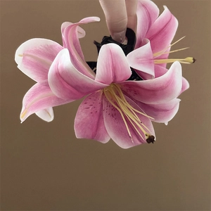 Detailed close-up of a pink lily hair claw clip with delicate yellow stamens and petals