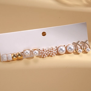 Set of 12 vintage geometric pearl and rhinestone stud earrings in elegant gold finish