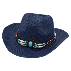 Dark blue woven straw cowboy hat with bohemian turquoise bead band for beach sun protection