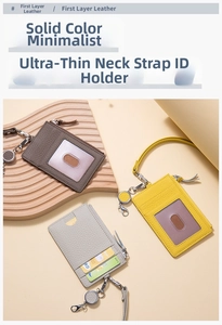 Detailed view of first layer leather badge holders with smooth zipper and retractable cord