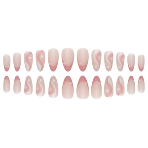 Matte almond press-on nails with pink heart patterns and French wave designs 24pcs set