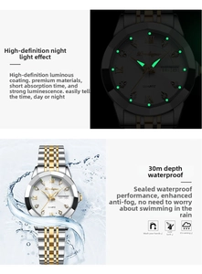 Luminous hands and 30M waterproof feature on a two-tone steel watch for women