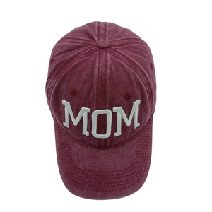Washed cotton baseball cap in burgundy with white MOM 3D embroidery on front crown