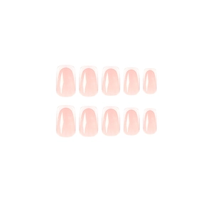Glossy nude pink press-on nails with white French tips, 10-piece set on white background