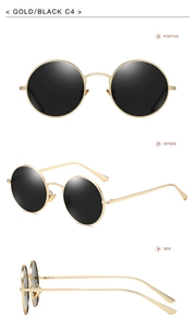 Three views of retro round punk sunglasses with gold metal frames and black lenses