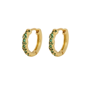 Classic gold hoop earrings with micro-pave green zircon stones and polished finish