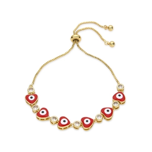 Adjustable gold bracelet with red evil eye heart charms and sparkling cubic zirconia