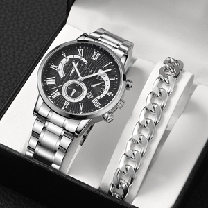 SOKI silver business watch set with black Roman numeral dial and matching metal bracelet