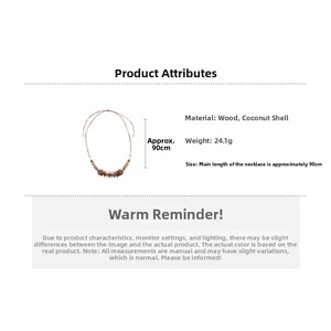 Detail of bohemian necklace with wood and coconut shell beads showing 90cm length and 24.1g