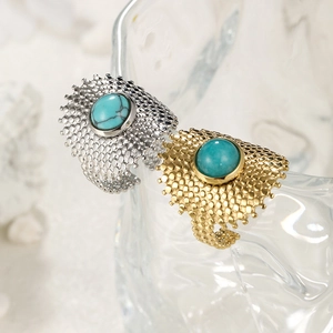 Gold and silver stainless steel open rings with turquoise stones and grainy texture