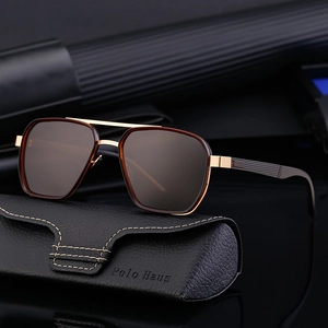 Occhiali da sole aviator a doppio ponte con lenti polarizzate marroni e custodia in pelle