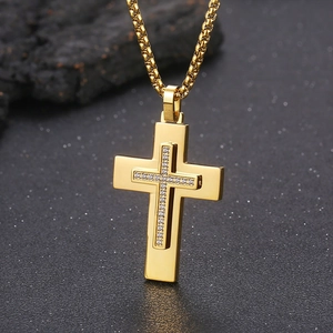Hip hop style gold double-layered CNC iced out cross necklace with stones on a rock
