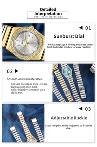 Macro detail of sunray dial with diamond bezel and two-tone steel watch band