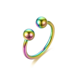 Detailed macro view of rainbow iridescent titanium circular barbell ring for body piercing