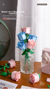 Exquisite building block rose flowers in glass vase with gift box and ribbon decoration