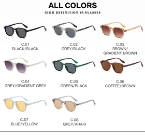 Detailed catalog showing eight color variants of trendy round-frame retro sunglasses