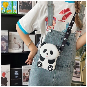 Close-up of cute panda silicone crossbody bag for kids with printed shoulder strap