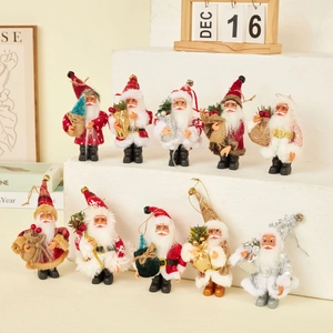 Set of 10 classic Santa Claus figurines in traditional red and white fabric holiday decor