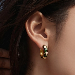 Bohemian 18k gold plated enamel hoop earrings with white floral and leaf patterns