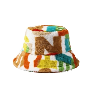 Colorful plush bucket hat with vibrant letter patterns for winter fashion