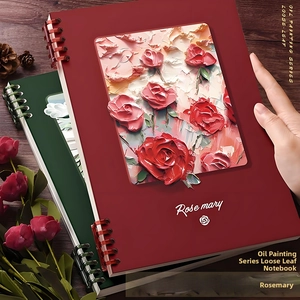 Close-up of artistic oil painting textured loose-leaf notebook with clear binder rings