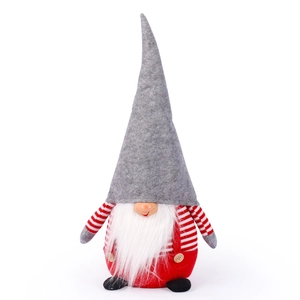 Swedish Christmas gnome plush in grey hat and red overalls on a white background