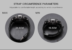 Detailed view of adjustable black sports watch strap circumference from 16.5 to 24.6 cm