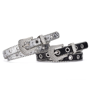 Fashionable Y2K silver and black belts with rhinestones and metal eyelet details