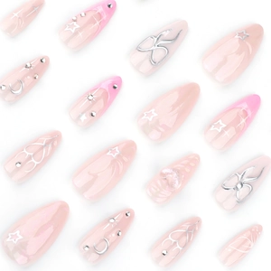 Pink French almond press-on nails with 3D silver heart, star charms and rhinestones