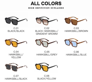 Grid display of vintage square sunglasses in eight colors with double bridge frames