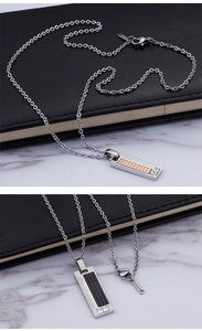 Detail of square couple necklaces with Forever devotion engraving and crystal accents