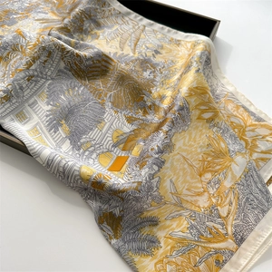 Silk feel square scarf with tropical forest and architecture print in yellow and grey