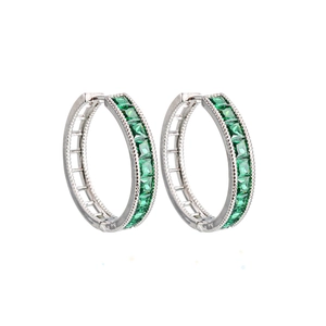 Elegant emerald green zircon hoop earrings with silver finish in a luxury circular design