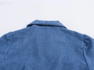 Detail view of the retro blue corduroy dress collar and pleated puff shoulder design