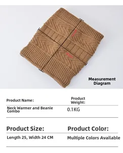 Detailansicht der braunen Beanie-Mütze und Halswärmer mit Maßen von 25x24cm