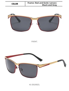 Red and gold polarized sunglasses with square metal frame shown from front and side view