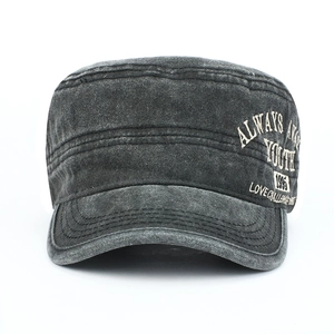 Vintage charcoal grey cotton cadet cap with distressed finish and embroidered patches