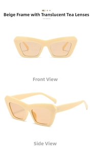Front and side view of thick beige frame sunglasses with light tea lenses
