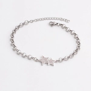 Silver adjustable bracelet with dual micro-paved zircon stars and lobster clasp