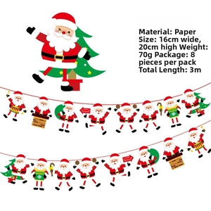 Detail of Christmas banner featuring eight cartoon Santa Claus paper cutouts on white background
