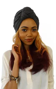 Detailed view of dark grey knitted turban knot design and soft fabric texture on model