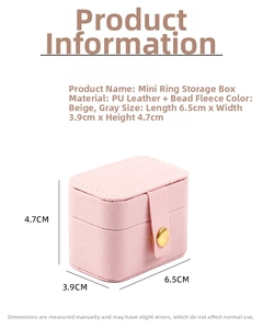 Mini pink travel ring box details featuring PU leather, velvet lining, and gold metal clasp