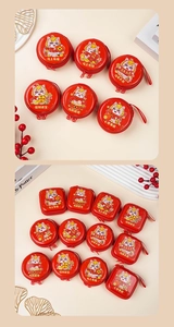 Detail view of round and square tin coin purses with festive Year of the Horse motifs
