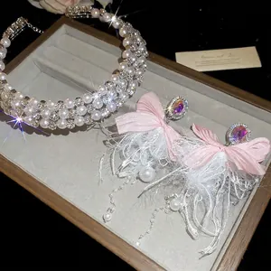 Elegant multi-layer pearl necklace and pink bow feather earring jewelry set for women