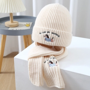 Cream knit puppy hat and scarf set for kids with dog embroidery and warm fleece lining