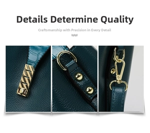 Detailed views of gold hardware, crocodile texture, and rivets on a dark green leather bag